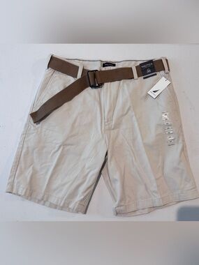 NWT Nautica Light Khaki Shorts with Brown Web Belt 100% Cotton Size 36